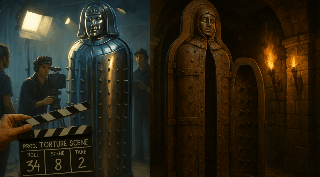 metallic torture device (possibly the Iron Maiden)
