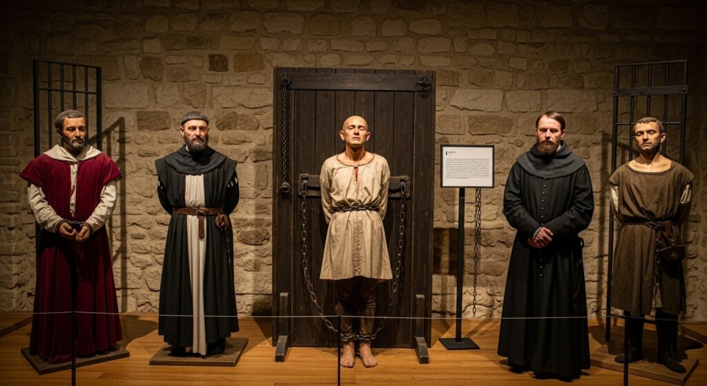 a historical exhibit with life-size models of people from the medieval period, showcasing individuals in a torture setting