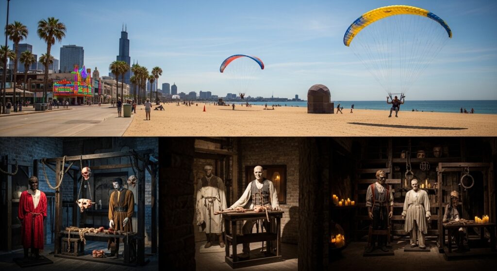 beach scene with people engaging in activities like paragliding against the backdrop of tall urban buildings, which likely represent a place like Chicago