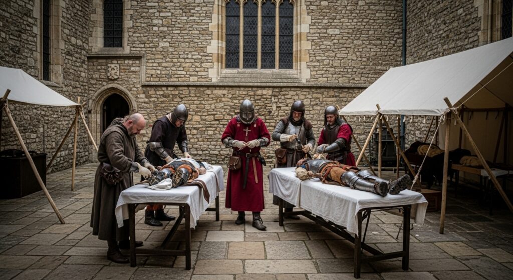 a medieval reenactment scene where knights and monks are examining armored figures on tables in a stone courtyard