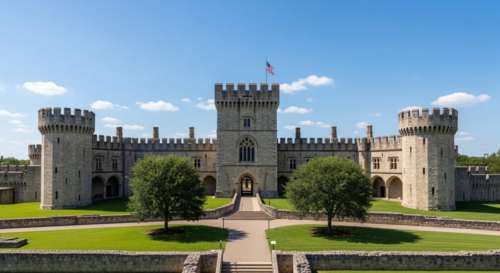 a large stone castle with multiple towers and an impressive entrance