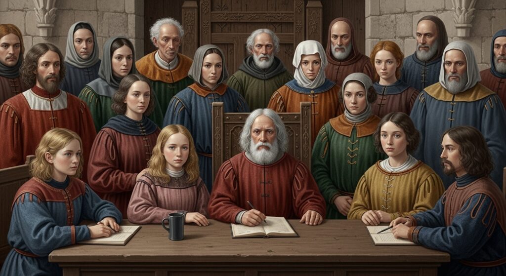 a formal medieval courtroom or tribunal scene