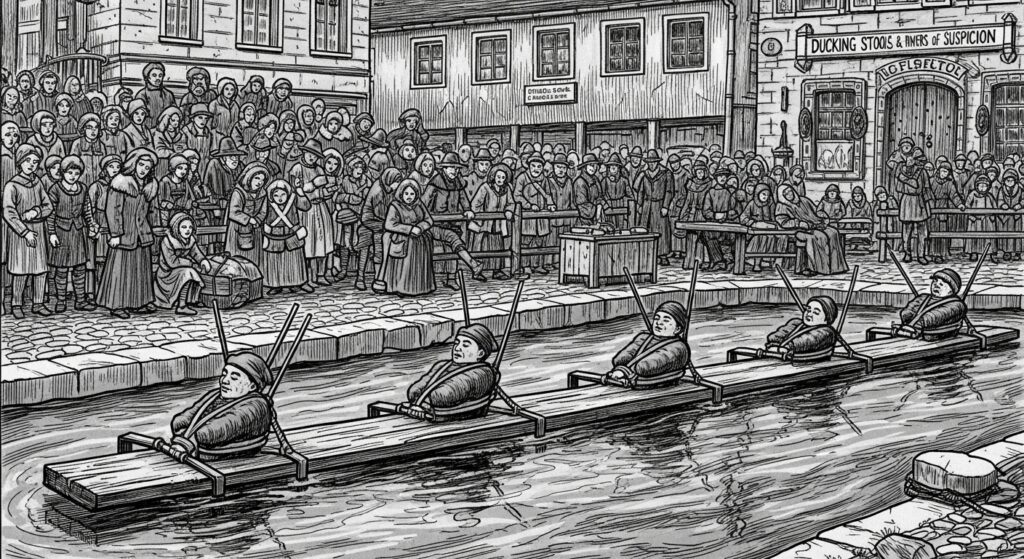 a medieval public punishment scene where several individuals are tied to wooden ducking stools and suspended over a canal