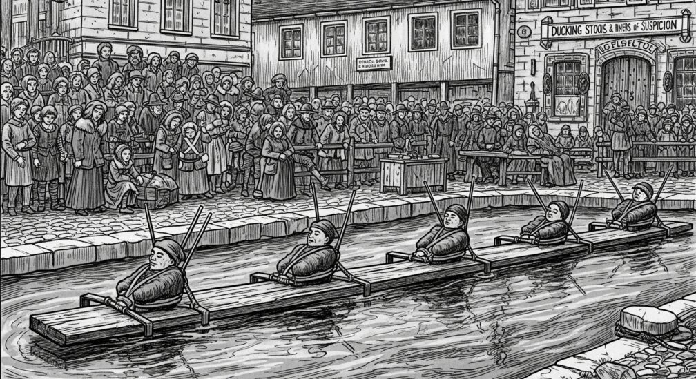 a medieval public punishment scene where several individuals are tied to wooden ducking stools and suspended over a canal