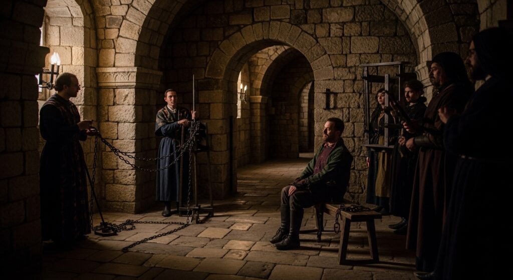 a medieval torture scene, featuring a person chained and tortured in a dark, ominous dungeon