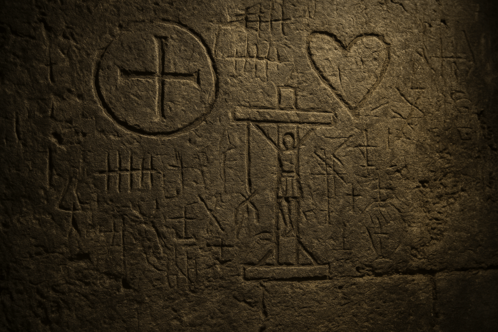 "Medieval stone wall carvings showing crucifixion, cross in circle, tally marks, and heart symbol under soft golden lighting