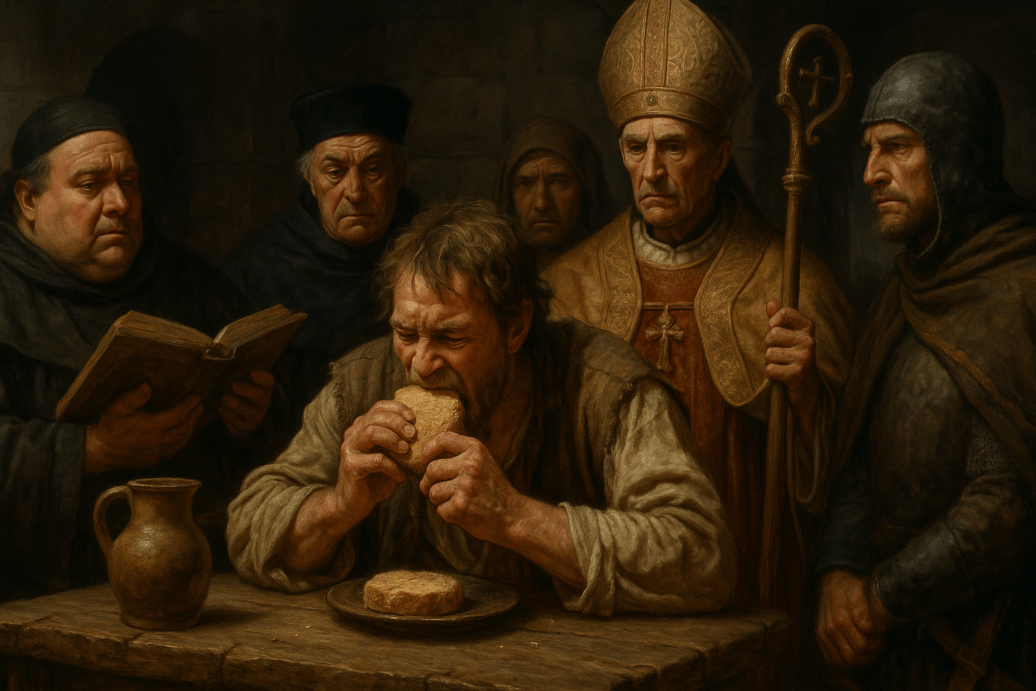 Medieval trial by food, accused man eating dry bread under watch of priests and nobles in candlelit hall