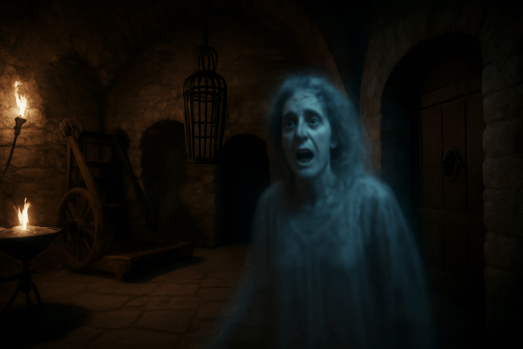 Ghostly woman in a medieval dungeon with torture devices and torchlight.