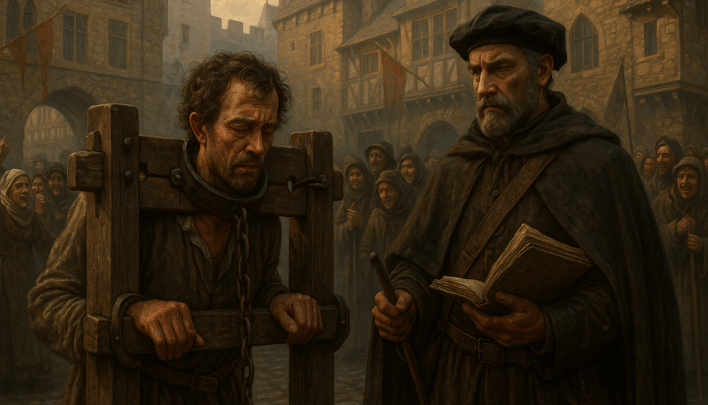 Medieval public punishment scene with a man in stocks and an official reading from a book