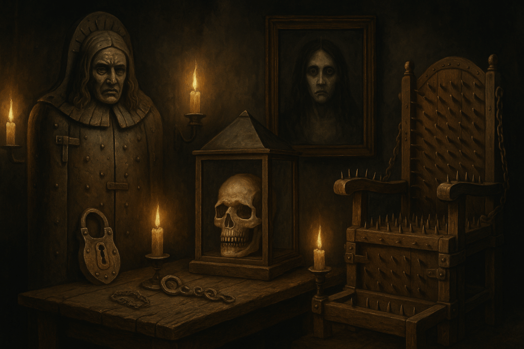 Haunted medieval torture relics with skull, spiked chair, iron maiden, and ghostly portrait lit by candles.