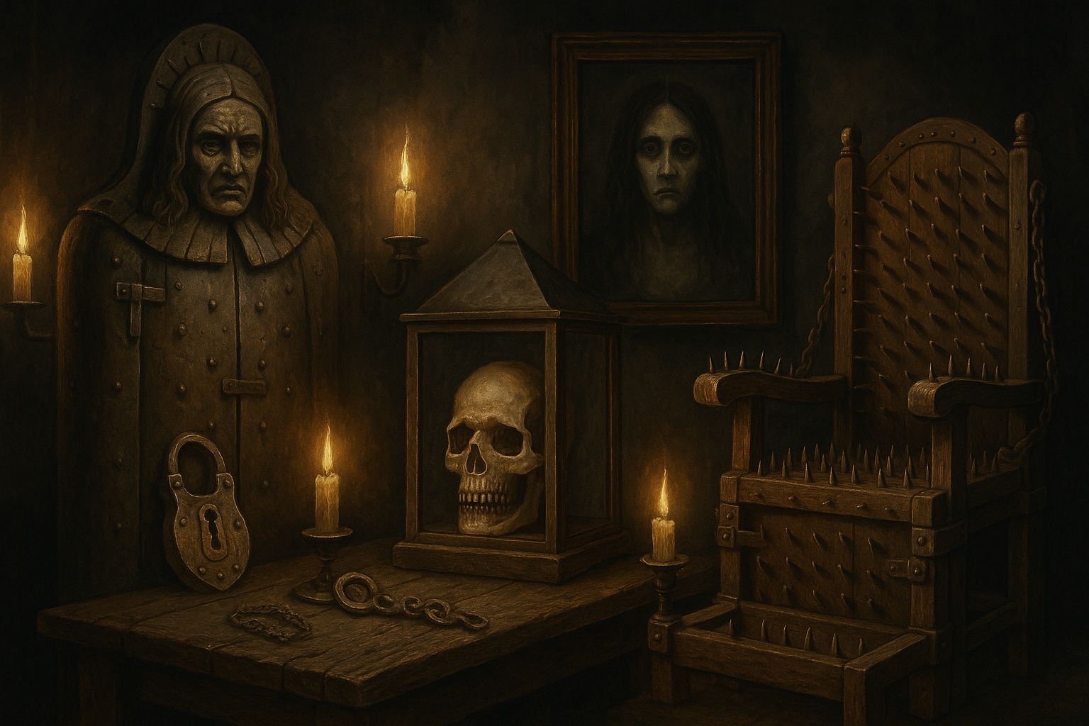 Haunted medieval torture relics with skull, spiked chair, iron maiden, and ghostly portrait lit by candles.
