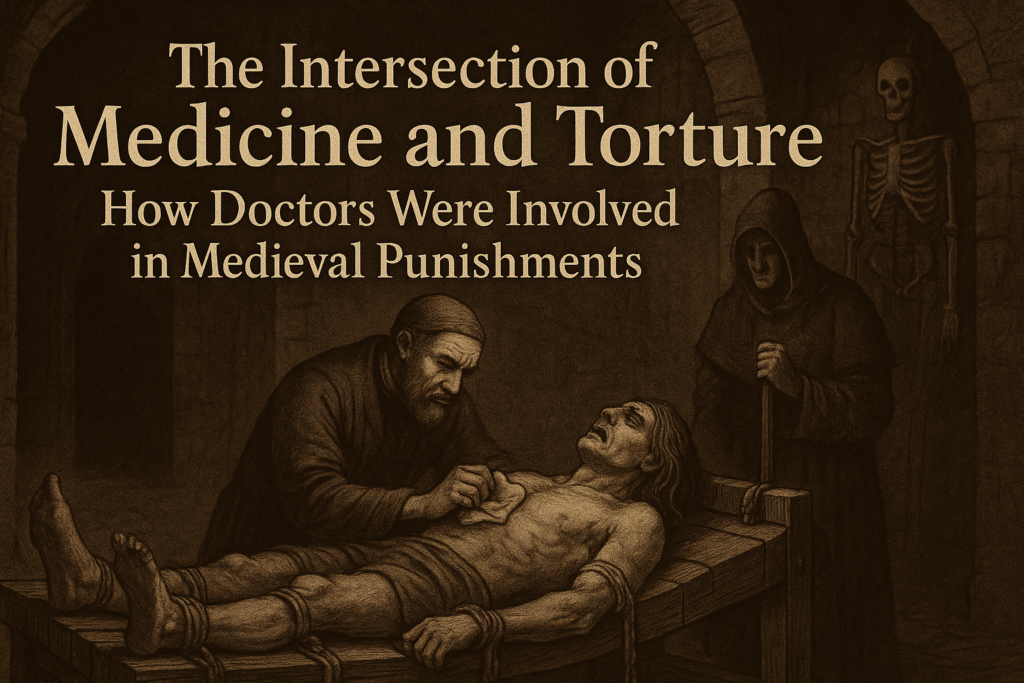 Medieval doctor examining tortured prisoner in dark dungeon with executioner and skeleton in background