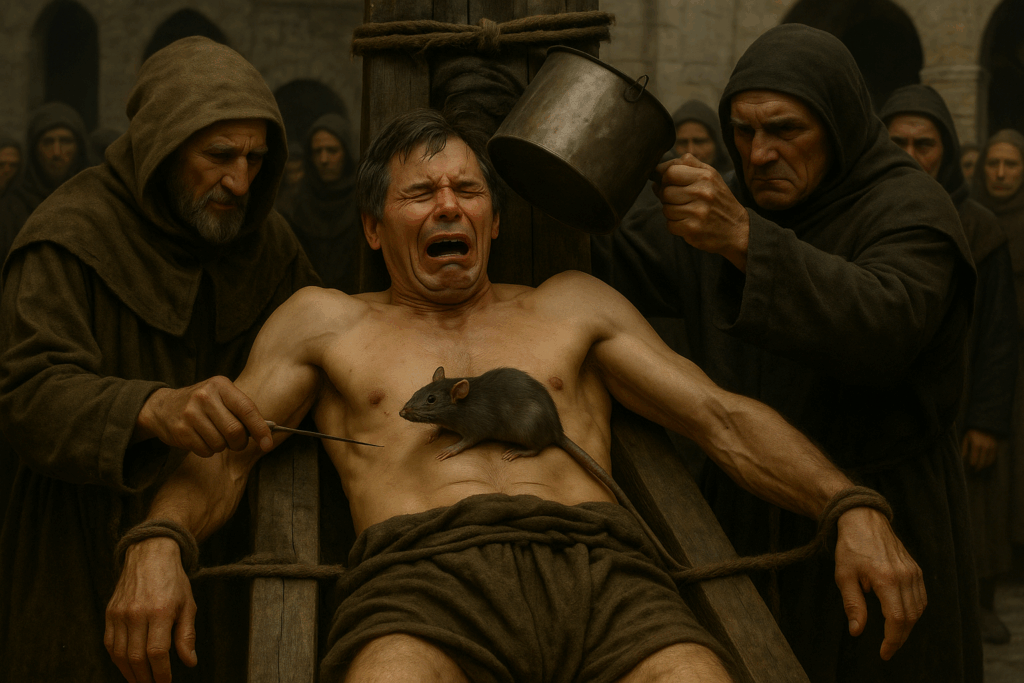 Medieval torture depiction with two hooded men heating a metal bucket on a prisoner’s chest, forcing a rat to burrow in agony