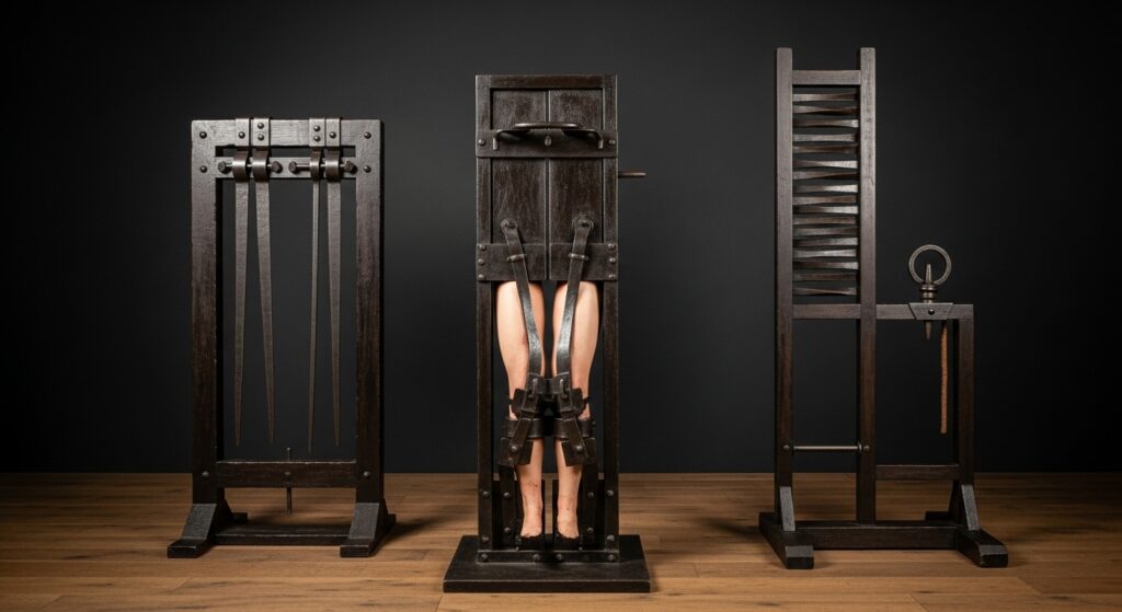a stretching rack, a pillory with legs secured, and a crushing device