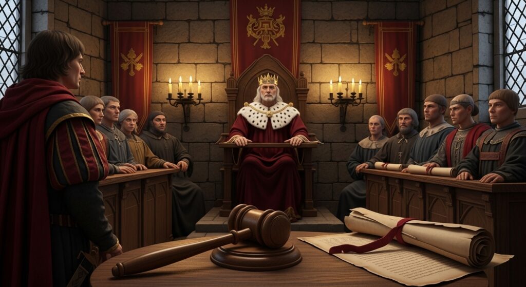 a medieval courtroom scene with a king sitting on a throne, surrounded by advisors and judges
