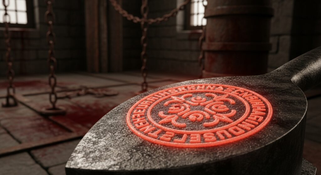 a heated branding iron with a detailed design, placed on a stone surface in a dimly lit dungeon-like setting, with blood stains and chains in the background
