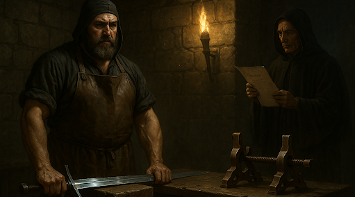 a medieval blacksmith and a monk in a dimly lit stone chamber