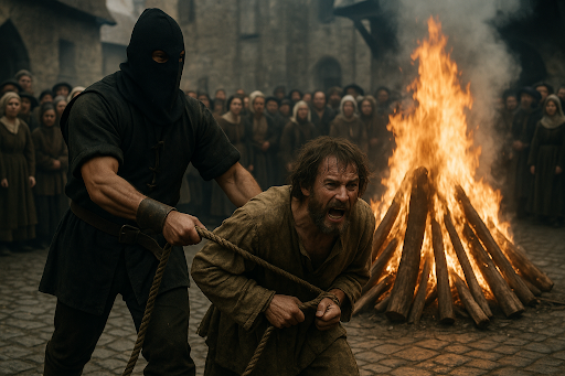 A medieval execution scene. A man is tied to a post, burning at the stake, his body charred