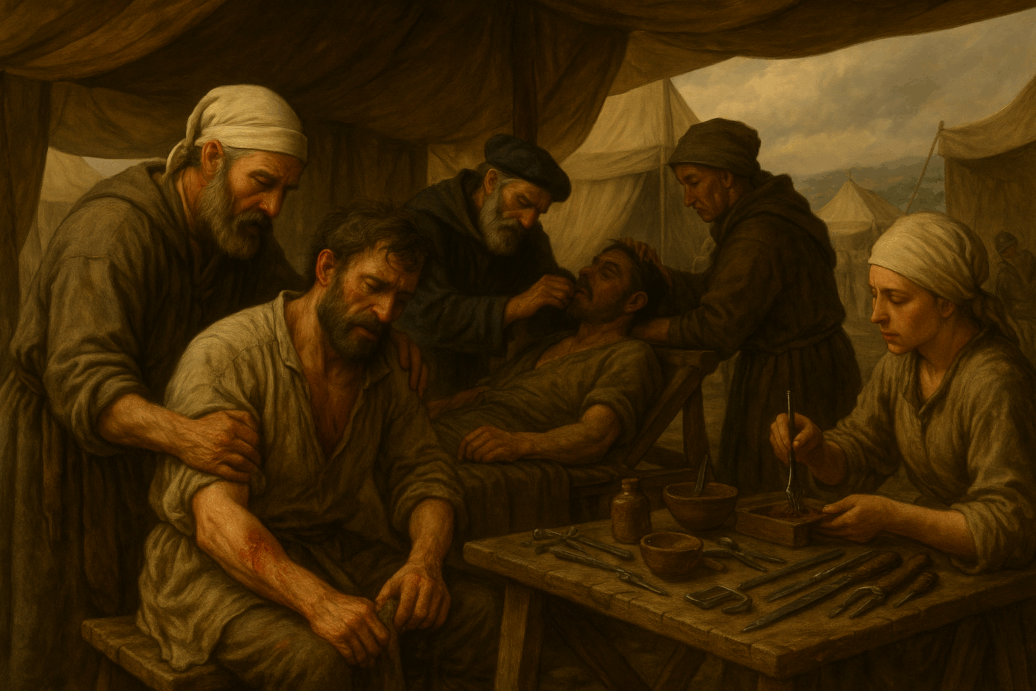 Medieval medical treatment scene showing a group of medieval doctors performing surgery on a patient, with historical surgical tools and tents in the background