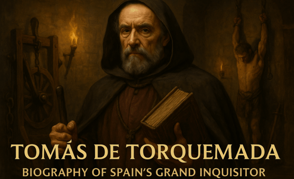 Portrait of Tomás de Torquemada, the Grand Inquisitor of Spain, holding a book in front of a medieval torture scene