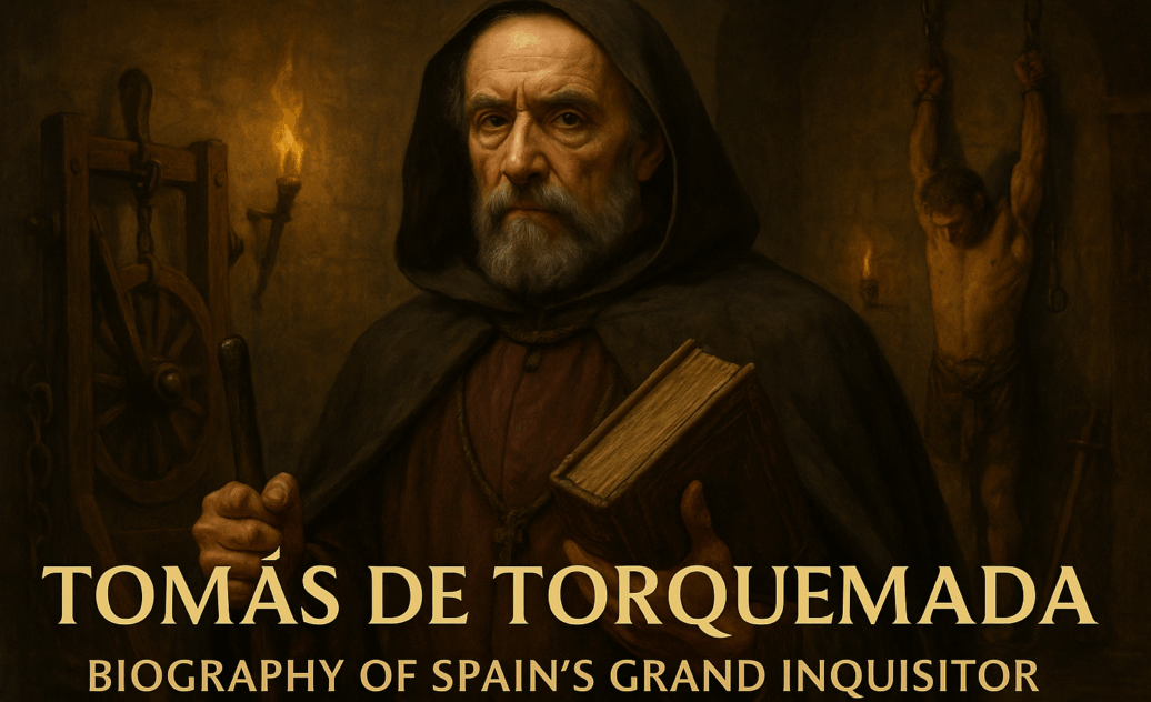 Portrait of Tomás de Torquemada, the Grand Inquisitor of Spain, holding a book in front of a medieval torture scene