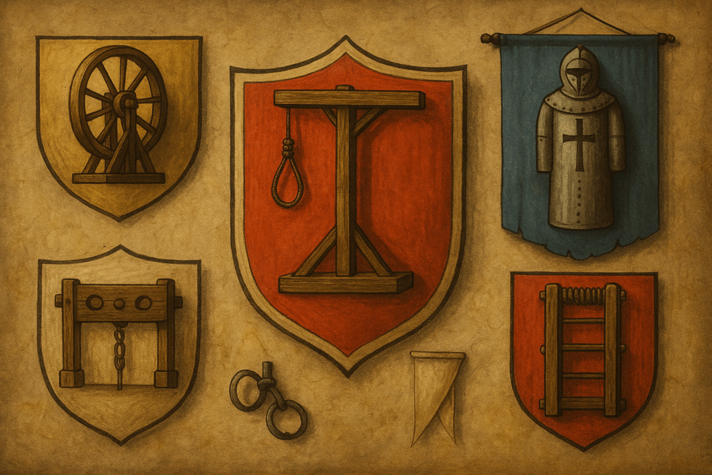 Illustration of medieval torture symbols on shields, including the breaking wheel, gallows, stocks, chains, and a knight’s armor