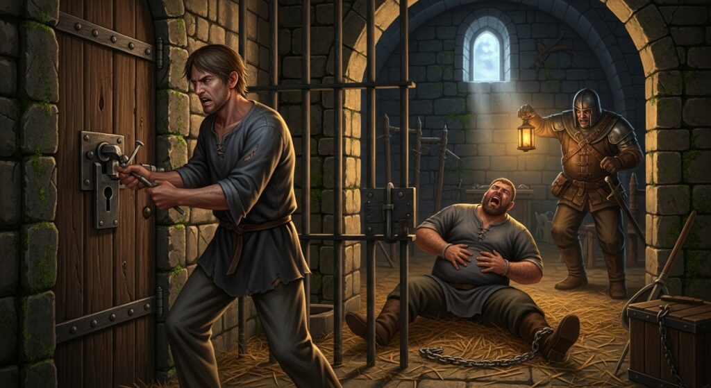 A medieval dungeon scene showing a man attempting to unlock a door while another man writhes in pain on the floor, bound by chains