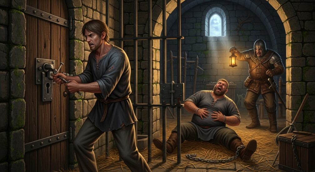 A medieval dungeon scene showing a man attempting to unlock a door while another man writhes in pain on the floor, bound by chains
