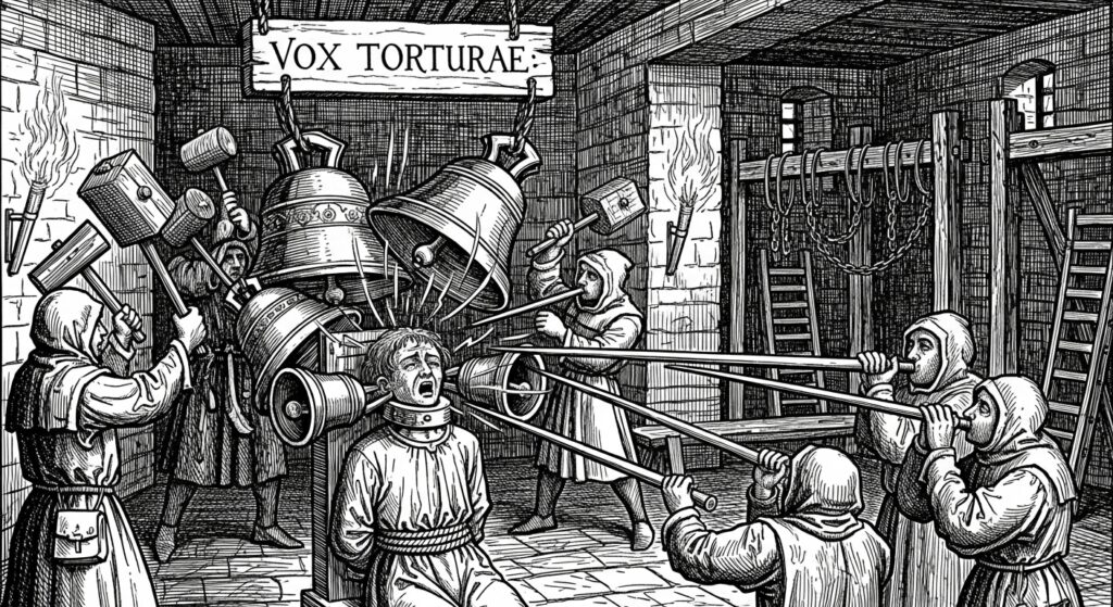 a medieval torture chamber with a victim subjected to the 'Vox Torturae' (Voice of Torture)