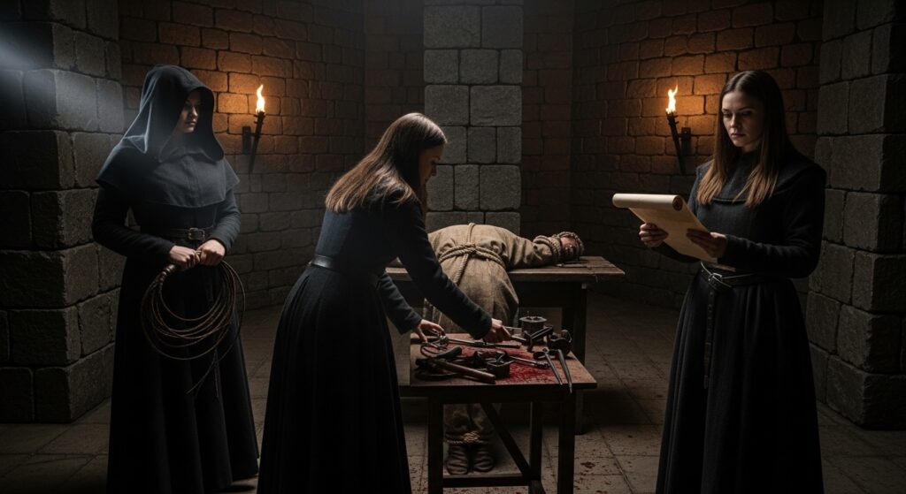 a medieval torture chamber showing three women involved in an interrogation or punishment