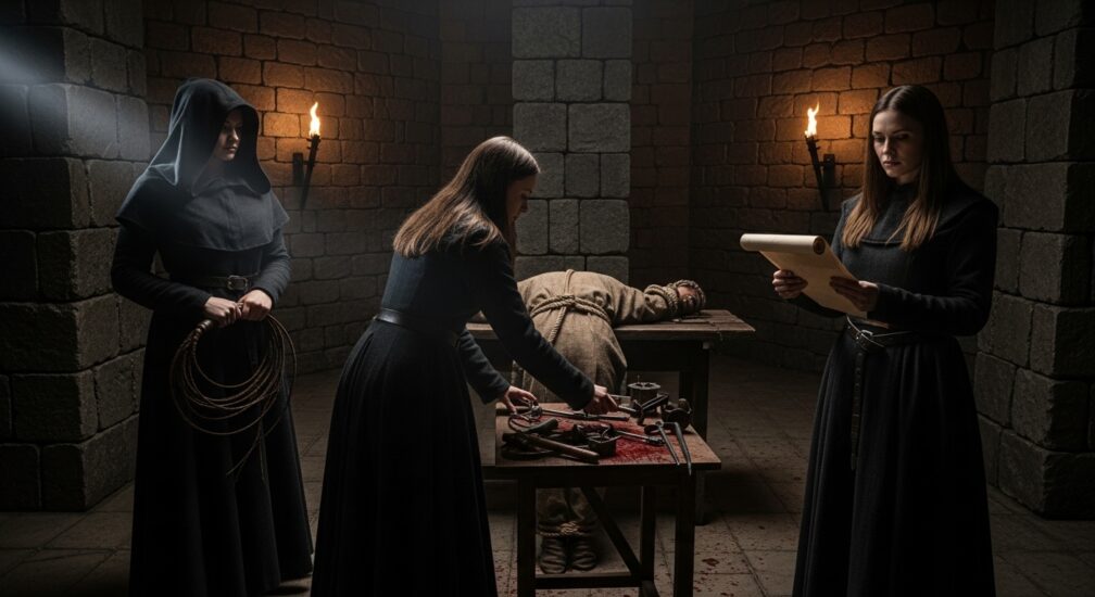 a medieval torture chamber showing three women involved in an interrogation or punishment